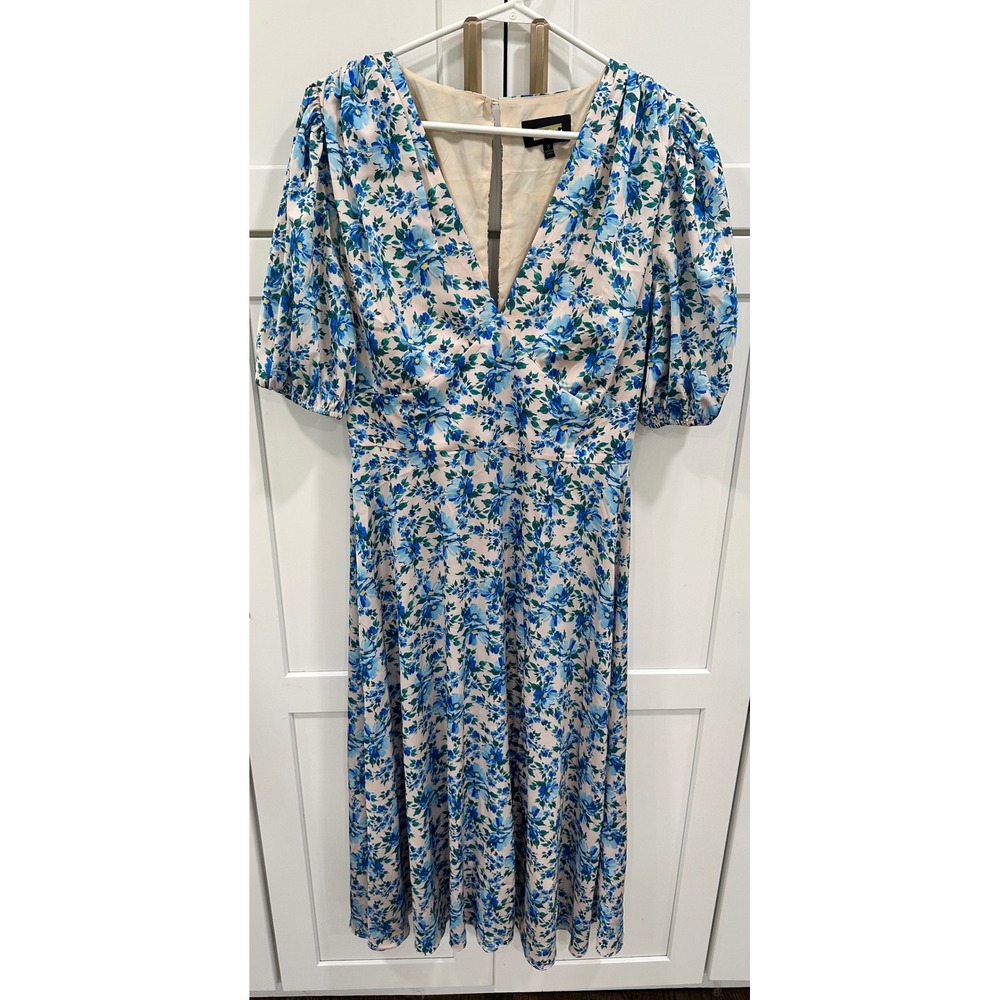 Blue Floral V-Neck Midi Dress
